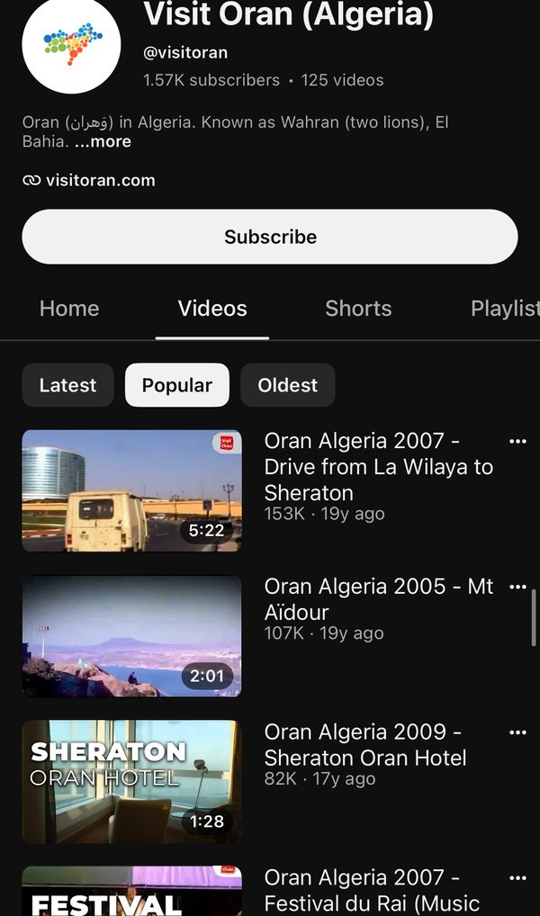 Les vidéos les plus vues de la chaîne Visit Oran : 1,57 k abonnés, 125 vidéos